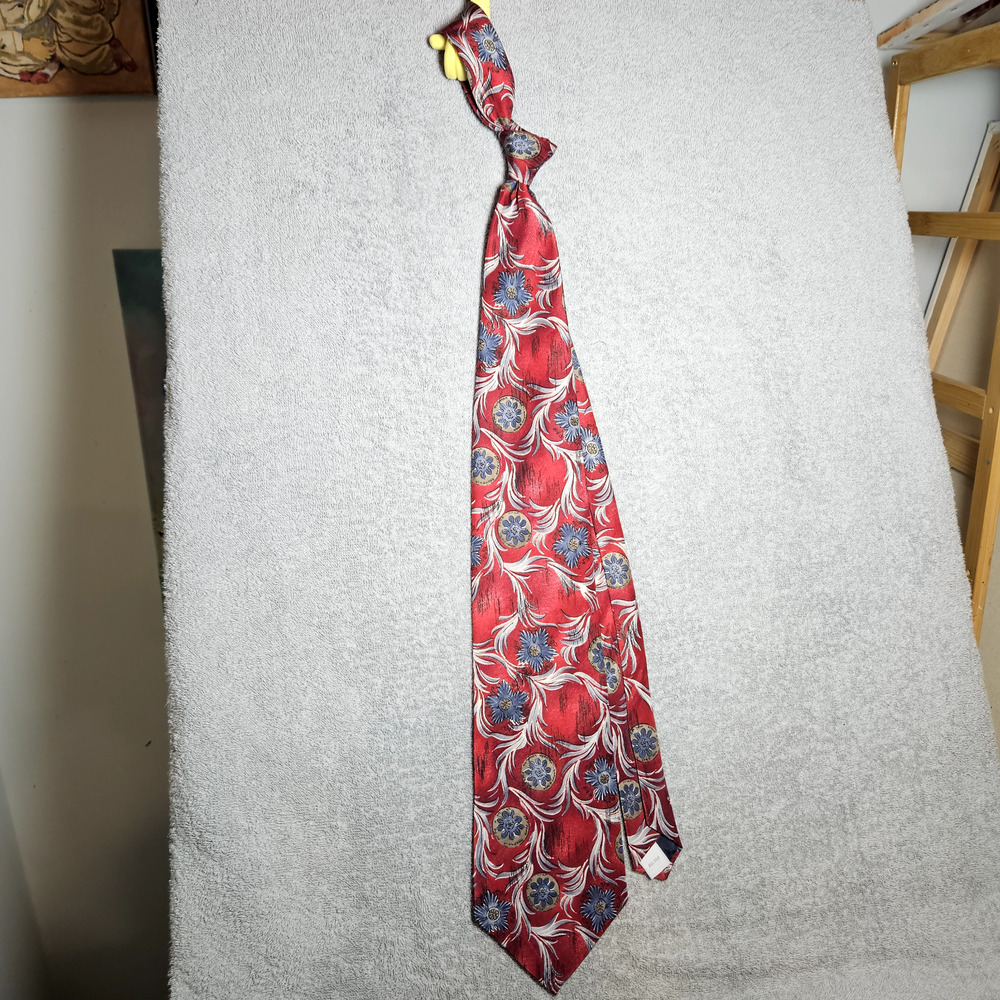 VTG Burma Men’s Silk Tie Red Blue Gold Abstract Floral Feather Print Made in USA